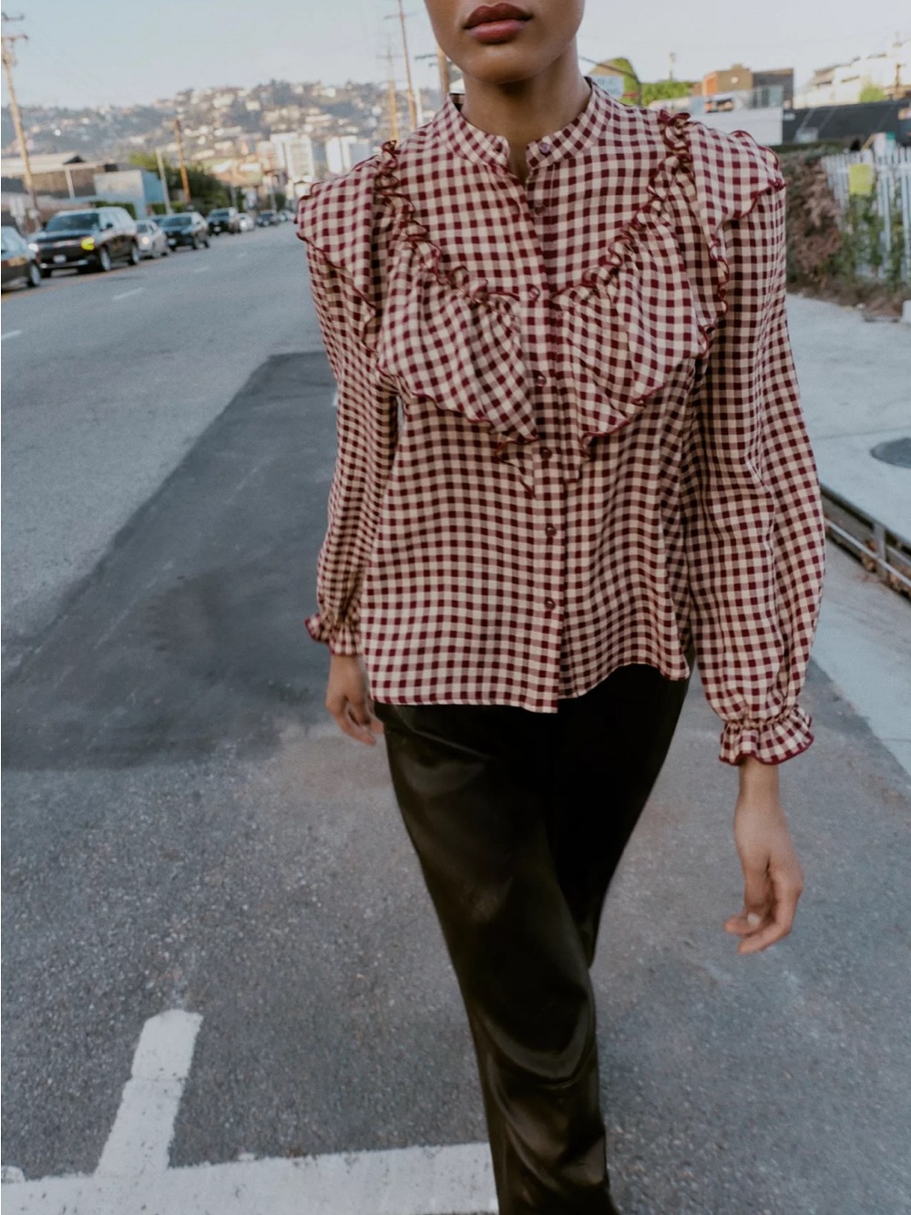 Zara Burgundy and White Gingham Ruffle Button-Down Blouse